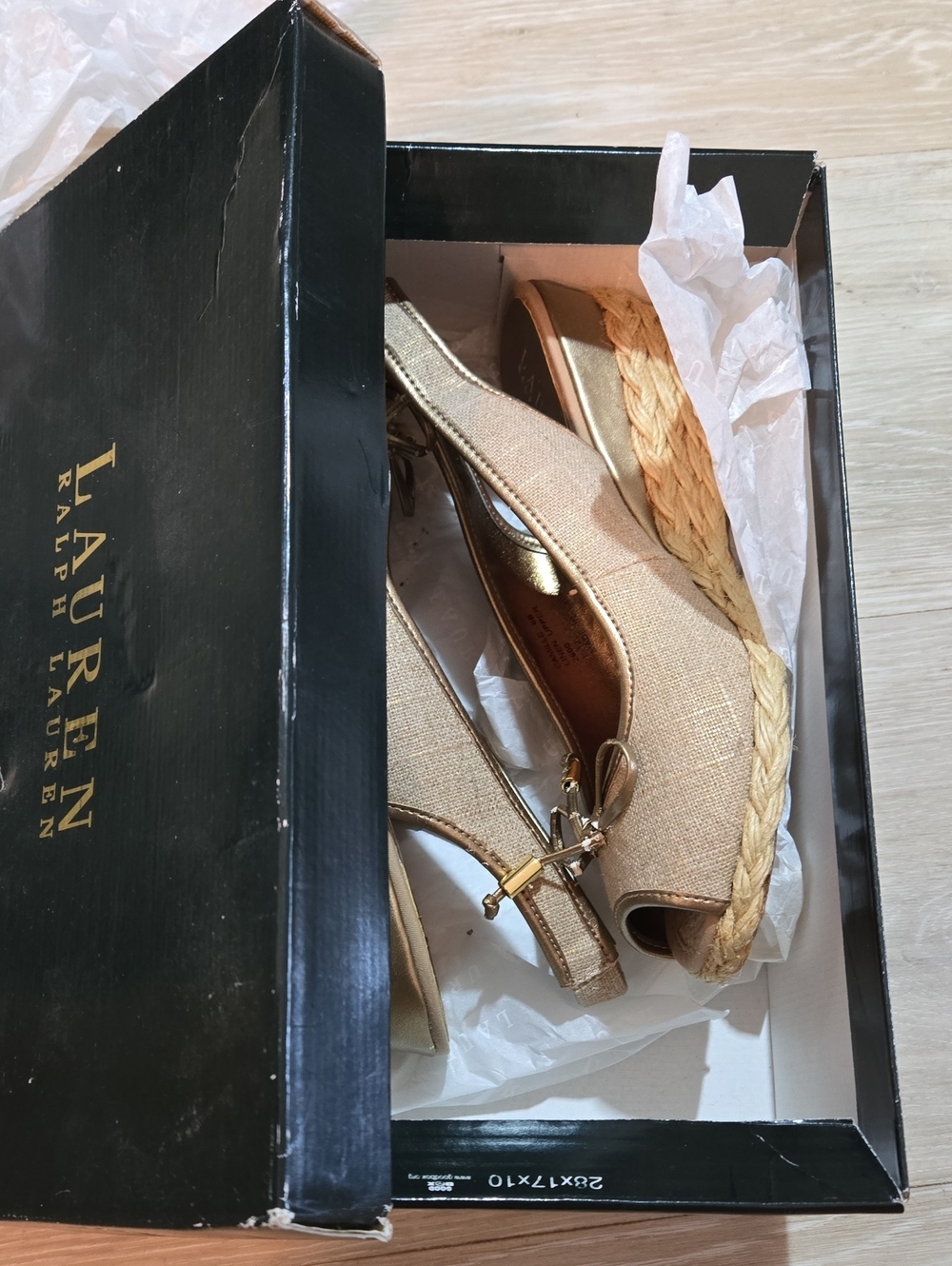 Lauren Ralph Lauren Neutral Bow Slingback Wedges with Gold Accents Sz 6. New